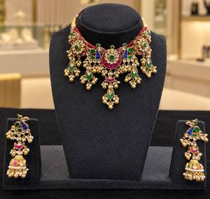 TISHYA DIAMOND Ethnic Gold Plated Round Brilliant Cut Necklace Earring <b>Set</b> with Imitation <b>Pearl</b> Tassel for Women Wedding <b>Jewelry</b> - Product Image 1
