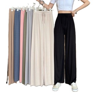 Pantalones Anchos de Cintura Alta para Mujer, Holgados, Largos, de Algodón, con Cordón, Casuales, de Verano, Color Negro Sólido - Product Image 1