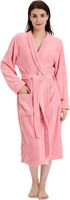 Bata de Baño de Felpa para Mujer, Manga Larga, Cuello en V, Largo Completo, Cinturón Ajustable, Suave y Cómoda, 100% Algodón, Rosa