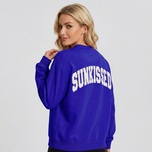Bright Blue <b>Cream</b> Sunkissed Letter Arch Sweatshirt High Collar Rib Cuffs and Hem Loose Fit Long Sleeves Casual Layering Top - Product Image 1