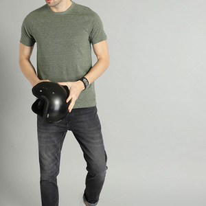 T-shirt à manches courtes pour homme, vert olive, col rond, décontracté, couleur unie, jersey tricoté, coton respirant 300g, confortable - Product Image 4