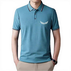 Camisa Azul de Manga Corta para Hombre, Logotipo Bordado, Formal, de Chifón, Tejido de Poliéster/Algodón, con Botones, de Secado Rápido, Transpirable, Corte Regular - Product Image 1