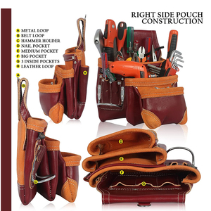 Leather <b>Tool</b> <b>Belt</b> <b>Pouch</b> With Multiple Pockets And Hook For <b>Tools</b> Storage Orange And Burgundy Color - Product Image 5
