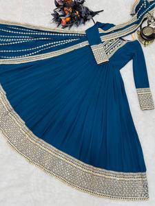Traje Anarkali Azul Bordado para Mujer, Ropa India y Pakistaní, Georgette Fox, Conjunto de Manga Larga para Boda, Graduación, Fiesta, Festividades - Product Image 4
