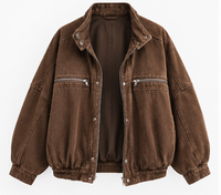 Blouson Bomber en Velours Côtelé Unisexe Décontracté Col Montant Fermeture Éclair Teint et Délavé Couleur Unie Manches Courtes Style Automne