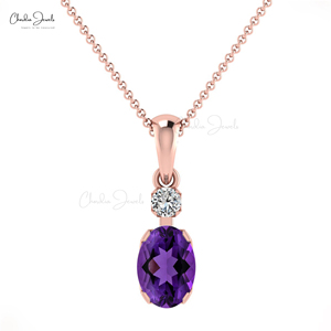 Produits Tendances : Pendentif en Améthyste Taille Ovale 7x5mm avec Accent Diamant en Or Massif 14k – Vente en Gros de Bijoux de Mariage - Product Image 2