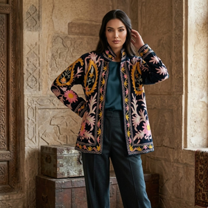 Blouson bomber en velours noir brodé |   Vêtement décontracté pour femme, jaune et rose, à motif floral, avec col montant et broderie, un chef-d'œuvre fait main - Product Image 4