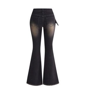 Custom Wholesale High Waist Black Flare Denim <b>Pants</b> With Belt Distressed Washed <b>Skinny</b> Fit Full Length Casual Women's <b>Pants</b> - Product Image 2