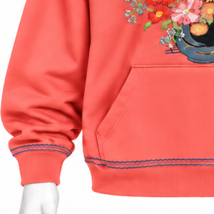 Sweat-shirt à capuche motif bouquet de fleurs corail, broderie florale vibrante, poche kangourou, coupe ample, style décontracté, streetwear - Product Image 5