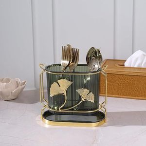 Metal <b>Cutlery</b> Holder With Ginkgo Pattern Gold Frame For Kitchen Tableware <b>Storage</b> - Product Image 1