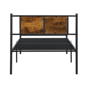 Struttura letto in metallo a una piazza e mezza con testiera in legno, elemento decorativo nero - Product Image 5