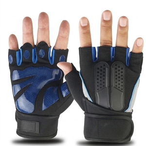 <b>Half</b> Finger Gym Fitness Gloves Black Red Leather Breathable Non <b>Slip</b> Touchscreen Compatible Adjustable Wrist Strap Unisex Weight - Product Image 2