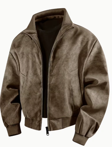Men s Brown <b>Suede</b> Bomber <b>Jacket</b> Stand Collar Zipper Closure Casual Style Autumn Wear Regular Fit Solid Color Woven Fabric - Product Image 1