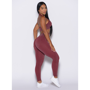 Ensemble 2 pièces de leggings froncés taille haute et soutien-gorge pour femme, couleur unie, effet délavé, pour entraînement et yoga, prix usine personnalisé, OEM Plum - Product Image 5