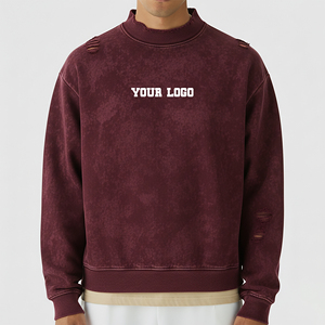 2026 New Arrived Casual Wear 100% Cotton Heavyweight Crewneck Acid Washed Applique Embroidered Zipper Oversized Sweatshirt - Product Image 4