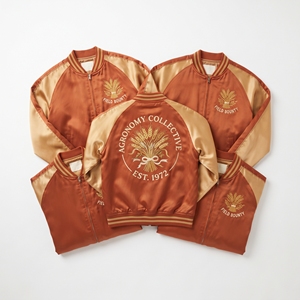 Custom Satin Bomber Jacket Bulk Terracotta Gold Wheat Sheaf Embroidered Varsity <b>Coat</b> Front Zip Ribbed Trim Supplier - Product Image 1