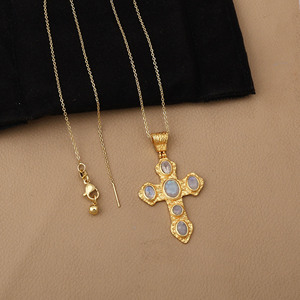 Rainbow Moonstone <b>Cross</b> Pendant Gemstone Necklace 18k Gold Plated Jewelry For Gift - Product Image 3