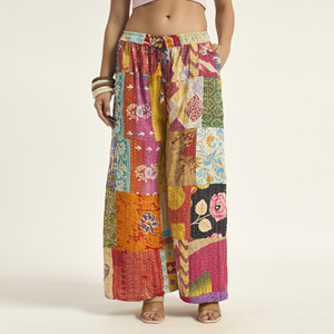 Bohemian Patchwork Wide Leg Harem Pants Full Length Cotton Drawstring Waist Loose Fit Summer Palazzo <b>Trousers</b> - Product Image 1