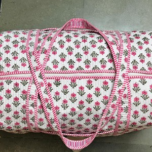 Indian Handmade Luxury Lightweight Block Print Quilted Cotton Duffle <b>Bag</b> Pink Floral Cotton <b>Duffel</b> <b>Bag</b> with Striped - Product Image 5
