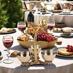 Metal Silver Cluster Bowl Features Three Compartment Hammered Pieces On Patterned Bases Around A Central Gold Palm <b>Tree</b> <b>Stand</b> - Product Image 5