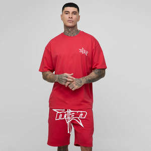 Conjunto de 2 piezas de camiseta oversize con estampado puff y pantalones cortos para gimnasio, entrenamiento y ropa urbana para hombre - Product Image 1