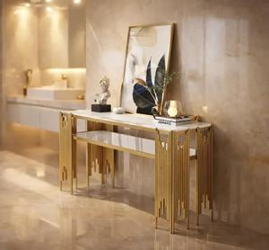 Modern Brass <b>Console</b> <b>Table</b> With <b>Marble</b> Top Rectangle Contemporary Entryway Decor Indoor Home Accent Piece - Product Image 1