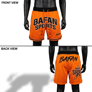 Shorts de basket-ball en polyester mesh premium 240 GSM, bleu, orange, blanc, avec empiècements latéraux en twill, pour homme - Product Image 3