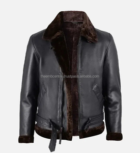 Chaqueta de cuero de bombardero de piel de oveja negra hecha a medida para hombre al mejor precio, chaqueta de cuero con cuello levantado a la moda para hombre - Product Image 1