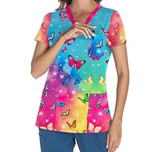 Women's Colorful Butterfly Print <b>Scrub</b> Top Short Sleeve V-Neck Hospital <b>Uniform</b> Blouse Polyester Woven - Product Image 1