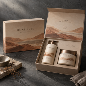 Boîte d'emballage personnalisée de style livre magnétique pour rituel de soin du corps DUNE - Product Image 1