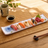 Plato de Sushi Artístico de Melamina Grado A5 de 17.5 Pulgadas con Borde Curvo, Plato para Rollos de Fusion Japonesa para Restaurantes Modernos, OEM