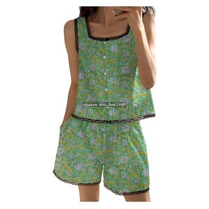 ชุดนอนขาสั้นผ้าฝ้ายแต่งขอบลูกไม้ลายดอกไม้สำหรับผู้หญิง ฤดูใบไม้ผลิ/ฤดูร้อน ชุดนอนแขนกุดลายดอกไม้ พิมพ์ลายบล็อก ขายส่ง - Product Image 1