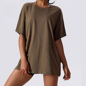 เสื้อยืดคอกลมโอเวอร์ไซส์สำหรับผู้หญิงไซส์ใหญ่ สีพื้น แขนสั้น ยาวพิเศษ ผ้าเจอร์ซีย์คอตตอน 100% สไตล์ลำลอง - Product Image 1