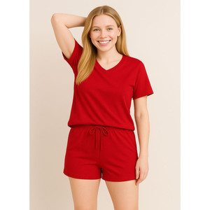 Women’s Casual V-Neck <b>Short</b> Sleeve Sleepwear <b>Top</b> <b>and</b> <b>Shorts</b> <b>Set</b> - Product Image 3