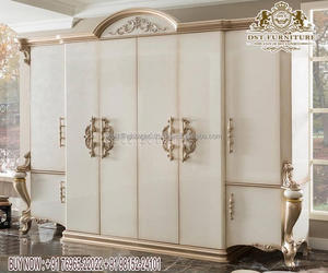 Armario de triple puerta de oro negro tallado clásico, lujoso armario tallado a mano para el hogar, armario dorado de madera de teca para dormitorio - Product Image 2