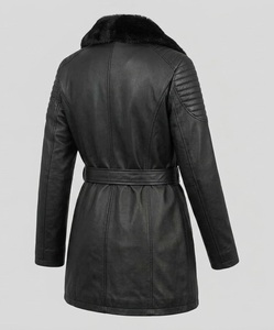 OEM Women Black Genuine Leather Trench Coat <b>Real</b> Sheepskin Winter Long <b>Jacket</b> Elegant Slim Fit Belted Biker Coat with <b>Fur</b> Coat - Product Image 4