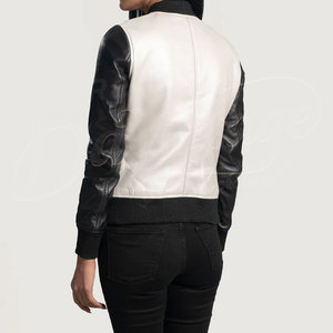 Women White and Black Genuine Leather <b>Bomber</b> <b>Jacket</b> Slim Fit Two Tone Premium Sheepskin Casual Winter Outerwear Fashion Coat - Product Image 4