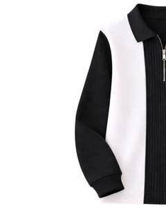 Sudadera Polo Personalizada para Hombre, Negra y Blanca, con Cierre de Cremallera de un Cuarto, Paneles Acanalados, Informal, de Forro Polar, Manga Larga, Estilo Urbano, Premium - Product Image 3