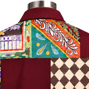 Chaqueta de trabajo estilo mosaico color borgoña, inspirada en el vintage, con estampado floral en patchwork, abotonada, de manga larga, informal, estilo streetwear, abrigo de moda personalizado. - Product Image 4
