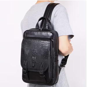 <b>Brown</b> Leather <b>Backpack</b> With Crocodile Embossed Pattern And Metal Buckles For Men Women Daily Use premium style leather <b>backpack</b> - Product Image 2