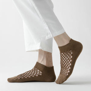 Fishnet Ankle <b>Socks</b> Women Breathable Cotton Bamboo Fiber Knitted Geometric Pattern Summer Daily Wear Light <b>Brown</b> - Product Image 3