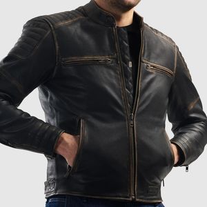 Blouson de moto en cuir de vachette noir pour homme, col montant, fermeture éclair, style motard, coupe classique, pour l'automne - Product Image 3