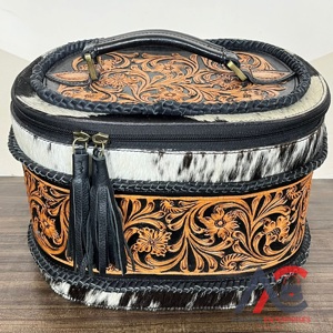 Customized Logo Portable Hand Tooled Leather <b>Makeup</b> Box Travel Cosmetic <b>Case</b> Western Style Genuine Cowhide Leather Jewelry Box - Product Image 1