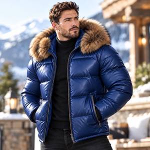 Men's Genuine Leather Puffer Jacket with Detachable <b>Fox</b> <b>Fur</b> Hood Winter Outerwear, Lucido Uomo | Chaqueta Brillante - Product Image 3