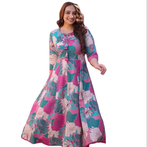 Women's Summer Maxi Dress Muslin Fabric Round Neck No Collar Washable Floral Print Color <b>Three</b>-Quarter Sleeves Loose Fit - Product Image 1