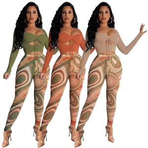 Women's 2 Piece Printed Long Sleeve Lace Up Top With Full Length Pants <b>Set</b> Breathable Skinny Fit Spring Summer Fashion - Product Image 2