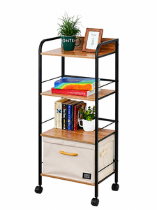 Four Tier Wood <b>Storage</b> Rack with Wheels Industrial Style Standing <b>Cart</b> for Living Room Neatening and Organization - Product Image 2