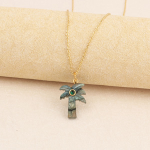 Natural Labradorite Carved <b>Palm</b> <b>Tree</b> <b>Necklace</b> Green Zircon Accent Gold Chain Adjustable Trendy Boho Tropical Jewelry Handmade - Product Image 5