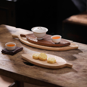 Dry-brew <b>Tea</b> <b>Tray</b> Walnut Wood Leaf-shaped Solid Wood Teacup Saucer Irregular Wooden Plate Floral Pattern New Chinese Style - Product Image 2
