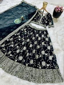 Conjunto de Lehenga Bordado Azul Oscuro, Vestido de Novia Indio Pakistaní, Dupatta de Tela, Traje Nupcial Floral - Product Image 4
